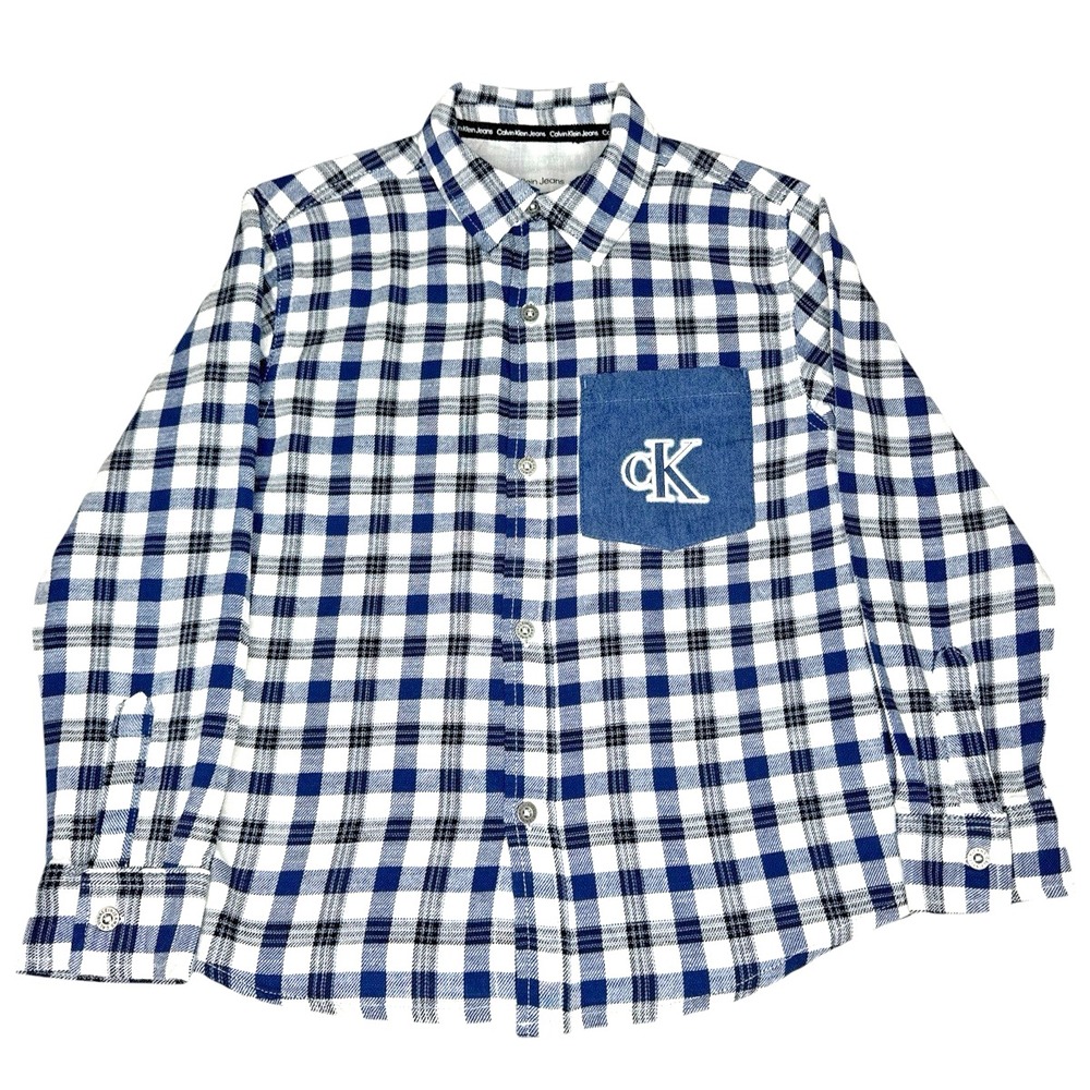 Calvin Klein Jeans Boy's Logo Pocket 100% Cotton Plaid Blue/White Shirt - Size 8 - Picture 2 of 12